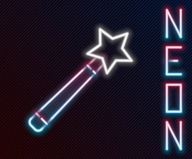 Parlayan neon hattı sihirli değnek simgesi siyah arkaplanda izole edildi. Yıldız şeklinde sihirli aksesuar. Sihirli güç. Renkli taslak konsepti. Vektör İllüstrasyonu.