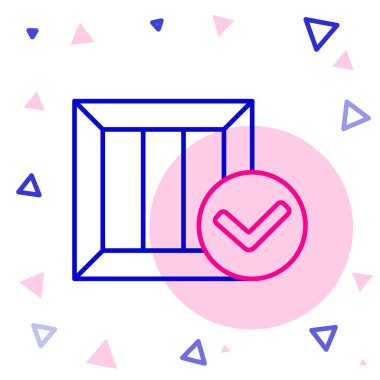 Beyaz arkaplanda işaret simgesi izole edilmiş tahta çizgi kutusu. Paket kutusu. Onaylanmış teslimat veya başarılı paket makbuzu. Renkli taslak konsepti. Vektör İllüstrasyonu.