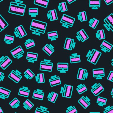 Line Online otel rezervasyon simgesi siyah arka planda izole edilmiş. Bilgisayar monitörü için online rezervasyon tasarımı konsepti. Vektör İllüstrasyonu.