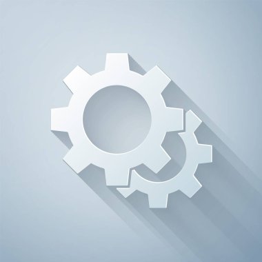 Kağıt kesiği Vites simgesi gri arkaplanda izole edildi. Çarklı teçhizat ayarları. İşçi sembolü. Kağıt sanatı tarzı. Vektör İllüstrasyonu.