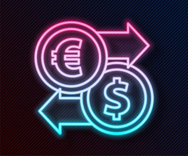 Parlayan neon hattı Para değişimi simgesi siyah arkaplanda izole edildi. Euro ve Dolar para transferi sembolü. Bankacılık işareti. Vektör İllüstrasyonu.