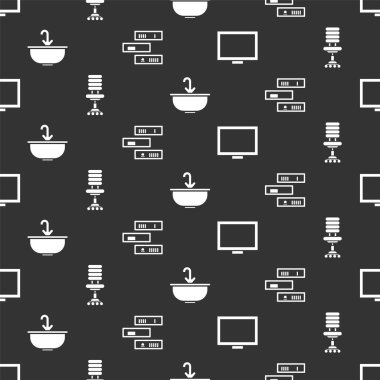 Resim çerçevesini masaya, ofis sandalyesine, musluklu lavaboya ve pürüzsüz desenli kitaplarla dolu rafa yerleştir. Vektör.