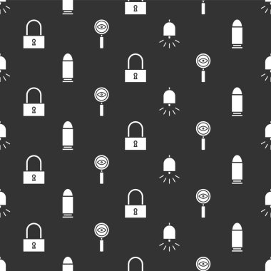 Alarm zilini, Mermi 'yi, Kilit' i ve Büyüteç 'i kusursuz şablona ayarla. Vektör.