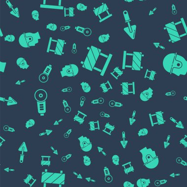 Yol bariyerini, Trowel, Açı öğütücüsünü ve İşçi kaskını kusursuz bir şekilde ayarla. Vektör.