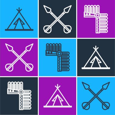 Çizgili Kızılderili çadırı ya da çadır, tüylü Hint başlığı ve çapraz ok ikonu. Vektör.