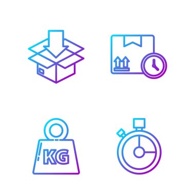 Hat hızlı dağıtım, ağırlık, trafik sembollü karton kutu ve karton kutu ve hızlı zaman ayarlayın. Renk simgeleri. Vektör.