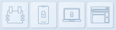 Kurşun geçirmez yelek, dizüstü bilgisayar ve kilit, kapalı asma kilitli mobil ve web sitesi şablonu. Beyaz kare düğme. Vektör.