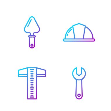 Halat anahtarı, T-square hattı, Trowel ve İşçi güvenlik kaskı. Renk simgeleri. Vektör.