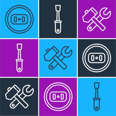 Elektrik prizi, çekiç, anahtar anahtarı ve tornavida simgesini ayarla. Vektör.