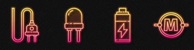 Hat pili, elektrik prizi, ışık yayan diyot ve elektrik devre şemasını ayarla. Parlayan neon ikonu. Vektör.