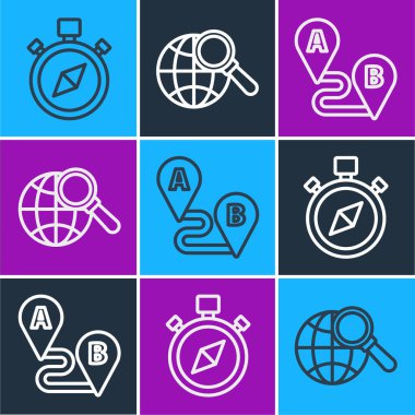 Pusulayı, güzergahı ve dünya ikonlu büyüteçleri ayarla. Vektör.