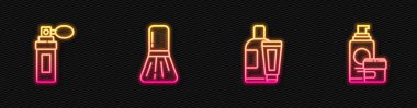 Krem ya da losyon kozmetik tüpü, parfüm, makyaj fırçası ve... Parlayan neon ikonu. Vektör.