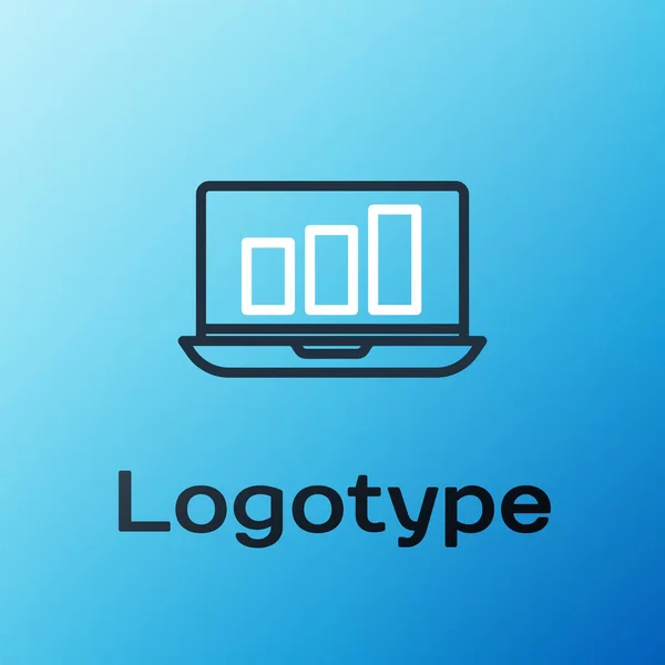 青色の背景に隔離されたグラフチャートアイコンを持つラインノートパソコン テキストファイルのアイコンを報告します 会計記号 カラフルなアウトラインコンセプト ベクターイラスト — ストックベクタ