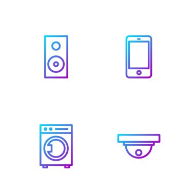 Hat sensörü, çamaşır makinesi, hoparlör ve akıllı telefon, cep telefonu ayarla. Renk simgeleri. Vektör.