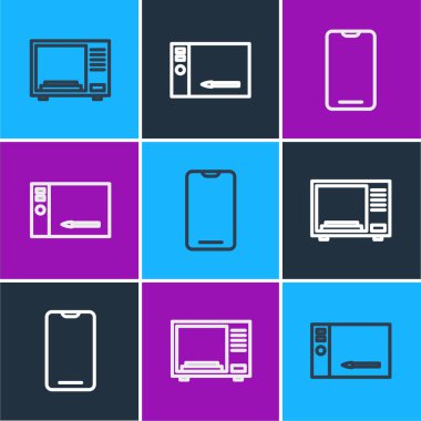 Mikrodalga fırını, akıllı telefon, cep telefonu ve grafik tablet simgesini ayarla. Vektör.