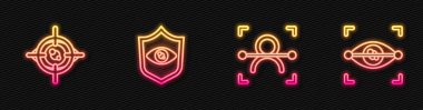 Çizgiyi yüz tanıma, göz taraması, kalkan gözü ve... Parlayan neon ikonu. Vektör.