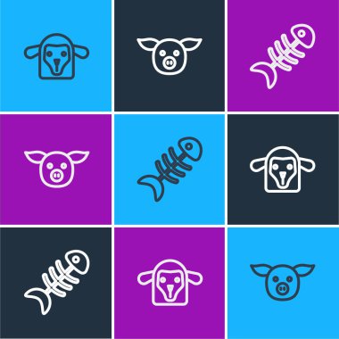 Koyun kafası, balık iskeleti ve domuz ikonu. Vektör.