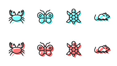 Kaplumbağa, Yengeç, Kelebek ve Fare ikonu. Vektör.