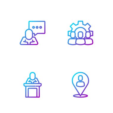 Hat İşçi Konumu, Sözcü, Konuşma balonu Sohbeti ve Proje Ekibi Üssü. Renk simgeleri. Vektör.