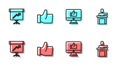 Çizgi El 'i diyagramlı tebeşir tahtası ve konuşmacı simgesi gibi ayarla. Vektör.