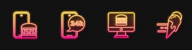 İnternetten sipariş ve teslimat, yiyecek ve dondurma alın. Parlayan neon ikonu. Vektör.
