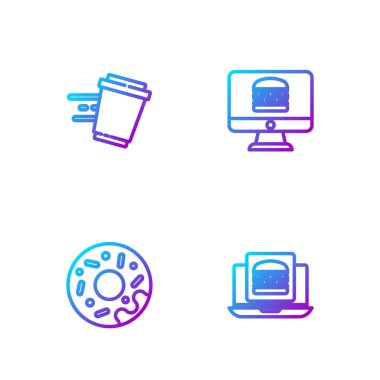 İnternetten hamburger siparişi ver, Donut, kahve fincanı... Renk simgeleri. Vektör.