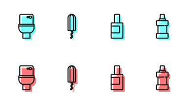 Temizlik malzemesi, klozet, hijyenik tampon ve ikon için bir şişe ayarla. Vektör.