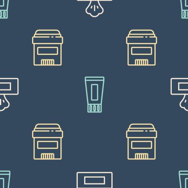 Islak mendil paketini, terletici deodorant rulosunu ve tüp diş macununu pürüzsüz desene ayarlayın. Vektör.