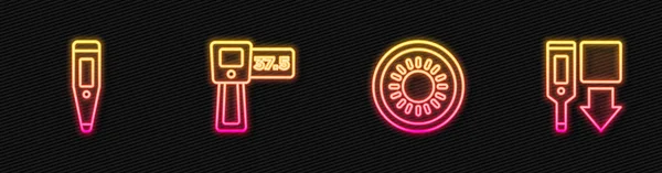 Stel Lijn Zon Digitale Thermometer Een Gloeiend Neon Icoon Vector — Stockvector