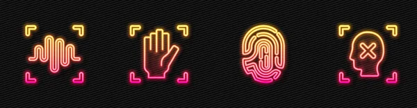 Vingerafdruk Stemherkenning Palm Afwijzingsgezicht Een Gloeiend Neon Icoon Vector — Stockvector