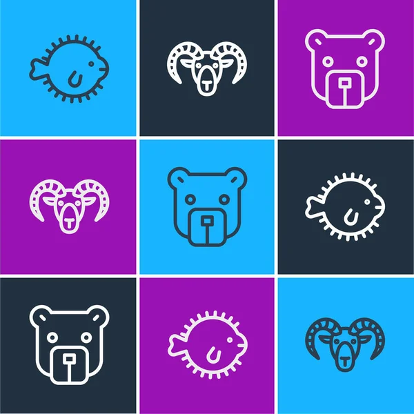 Kirpi balığı, Ayı kafası ve keçi başı ya da koç ikonu. Vektör.