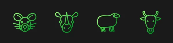 Set Line Sheep Rat Head Rhinoceros Cow Gradient Color Icons — Stock Vector