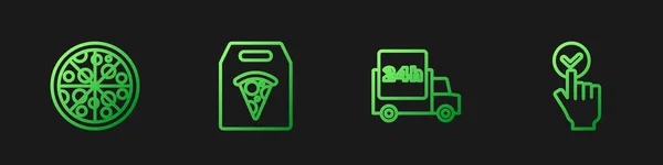 Ustaw Linię Szybka Dostawa Samochodem Pizza Zamawianie Pizzy Online Ikony — Wektor stockowy