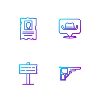 Revolver silahı, trafik levhası, aranan batı posteri ve konum kovboyu. Renk simgeleri. Vektör.