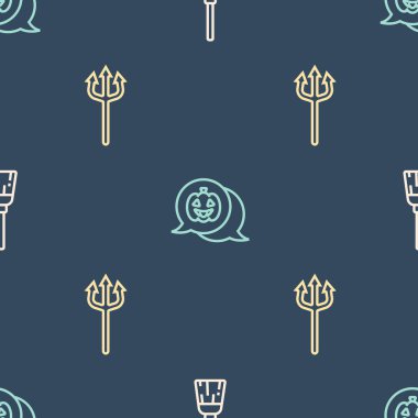 Cadı süpürgesi, Neptün Mızrağı ve Balkabağı 'nı kusursuz bir düzene sokun. Vektör.