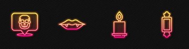 Yakıcı mum, Kafatası, Vampir dişleri ve Şeker. Parlayan neon ikonu. Vektör.