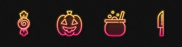 Set Line Caldero Bruja Halloween Caramelo Calabaza Cuchillo Icono Neón — Vector de stock