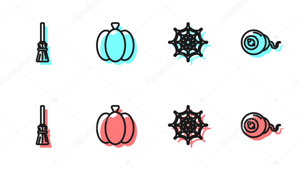 Set line Spider web, Witches broom, Pumpkin and Eye icon. Vector.