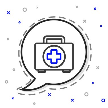 İlk yardım çantası simgesi beyaz arkaplanda izole edildi. Haçlı sağlık kutusu. Acil durumlar için tıbbi ekipman. Sağlık sigortası konsepti. Renkli taslak konsepti. Vektör İllüstrasyonu.