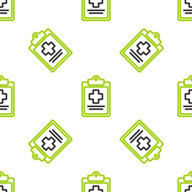 Klinik kayıt simgesine sahip Line Medikal panosu beyaz arka planda izole edilmiş kusursuz desen. Sağlık sigortası formu. Reçete, tıbbi kontrol işaretleri raporu. Renkli taslak. Vektör İllüstrasyonu.