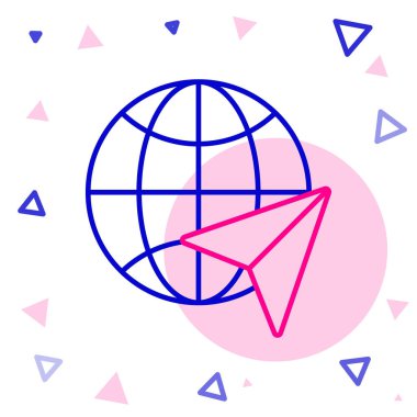 Uçan uçak ikonuna sahip Line Globe beyaz arka planda izole edildi. Uçak Dünya 'nın etrafında uçuyor. Uçak dünyası ikonu. Renkli taslak konsepti. Vektör İllüstrasyonu.