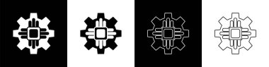 İşlemci simgesini siyah ve beyaz arkaplanda izole et. İşlemci, merkezi işlem birimi, mikroçip, mikro devre, bilgisayar işlemcisi, çip. Vektör İllüstrasyonu.