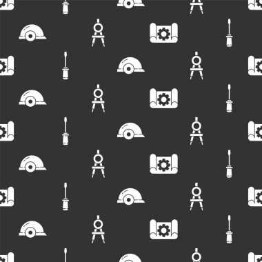 Grafik kağıdı ve teçhizatı ayarlayın, tornavida, işçi kaskı ve pusulayı pürüzsüz desen üzerine çizin. Vektör.