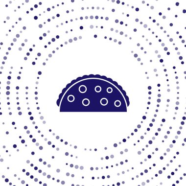 Beyaz arka planda tortilla ikonlu mavi taco. Geleneksel Meksika fast food menüsü. Soyut çember rastgele noktalar. Vektör İllüstrasyonu.