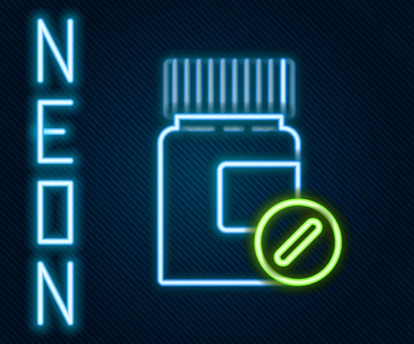 Gloeiende Neon Lijn Medicijn Fles Pillen Pictogram Geïsoleerd Zwarte Achtergrond — Stockvector