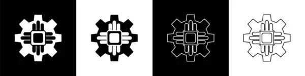 Définir Icône Processeur Isolée Sur Fond Noir Blanc Cpu Unité — Image vectorielle