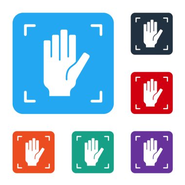 Beyaz Avuç izi tanımlama simgesi beyaz arkaplanda izole edildi. Biyometrik el taraması. Parmak izi tanımlaması. Sistem tanıma ve doğrulama. Renkli kare düğmelerle simgeleri ayarla. Vektör.