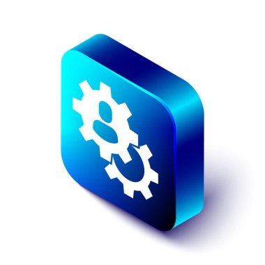 Beyaz arka planda izole edilmiş Isometric kafa avlama simgesi. İş hedefi ya da İstihdam tabelası. İş için insan kaynakları ve adam toplama. Mavi kare düğme. Vektör.