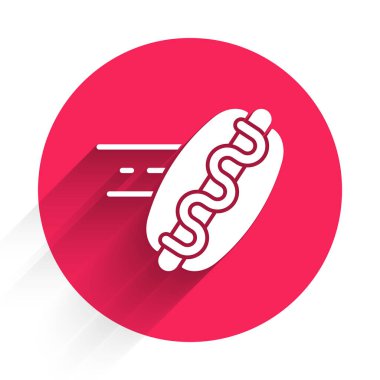 White online sipariş ve uzun gölgeli sosisli sandviç ikonu. Sosis ikonu. Fast food burcu. Kırmızı daire düğmesi. Vektör.