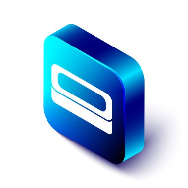 Beyaz arkaplanda izole edilmiş Isometric sabun simgesi. Köpüklü sabun çubuğu. Mavi kare düğme. Vektör.